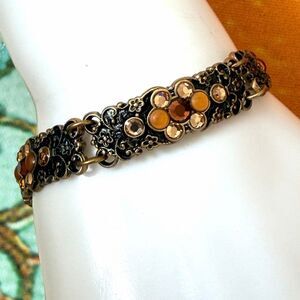 DANON Israel Gold Tone Brown Rhinestone Floral Panel Bracelet